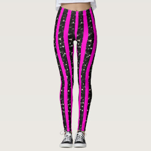 Halloween Black sparkles stripes lines on hot pink Leggings