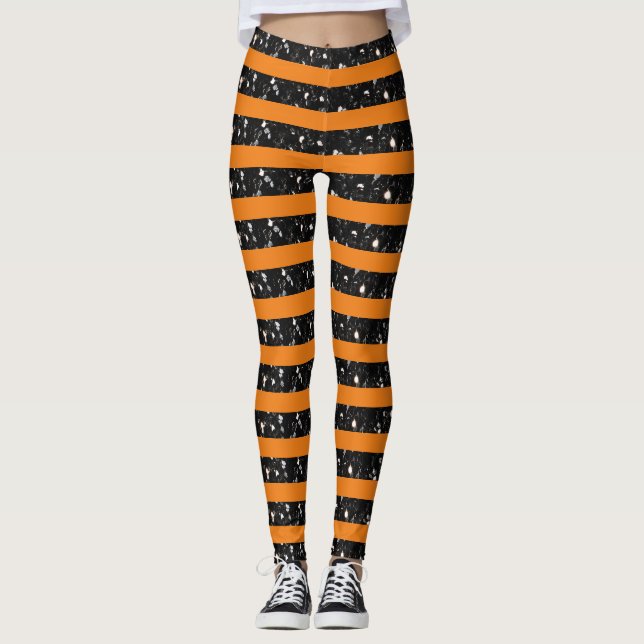 Halloween Black sparkles stripes lines on orange  Leggings (Front)