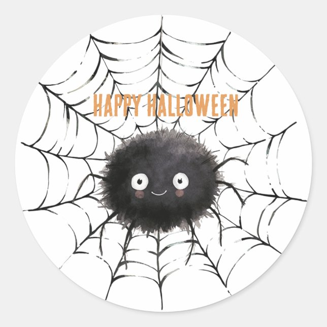 Halloween Black Spider on Web Classic Round Sticker (Front)