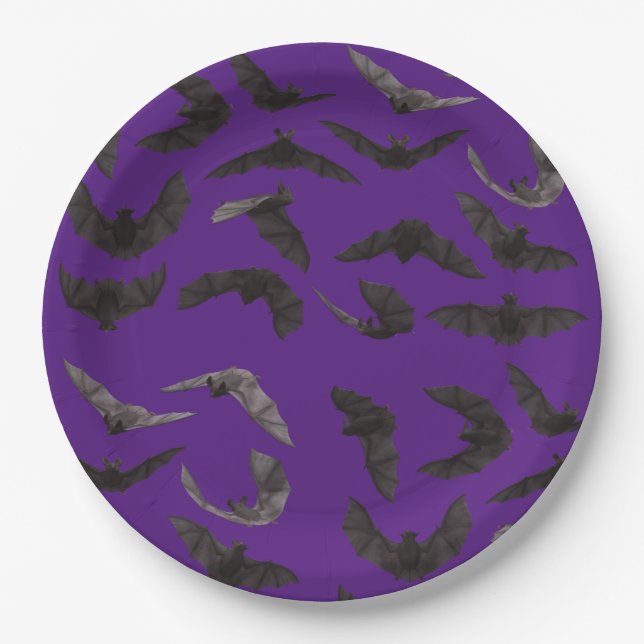 Halloween Black Spooky Bats Party Paper Plate (Front)