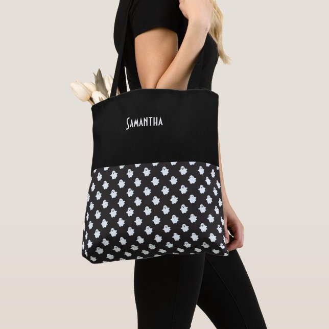 Halloween Black w/ Cute White Ghosts Name Tote Bag (Close Up)