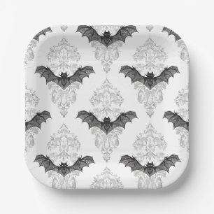 Halloween black white bats pattern paper plate