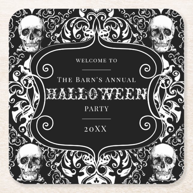 Halloween Black White Damask Skull Gothic Custom Square Paper Coaster (Front)