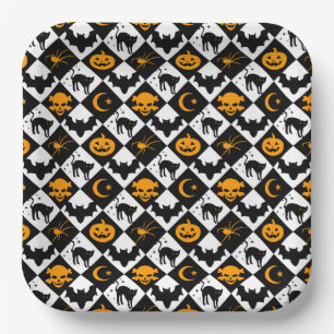 Halloween Black White Orange Harlequin Pattern Paper Plate