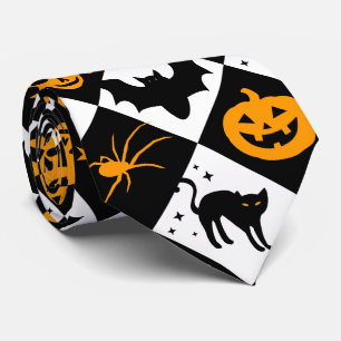 Halloween Black White Orange Harlequin Pattern Tie