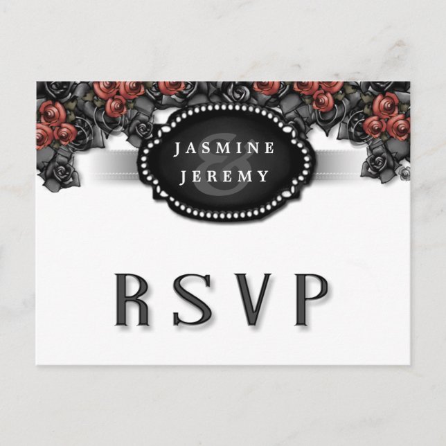 Halloween Black White Red Rose MENU Matching RSVP (Front)
