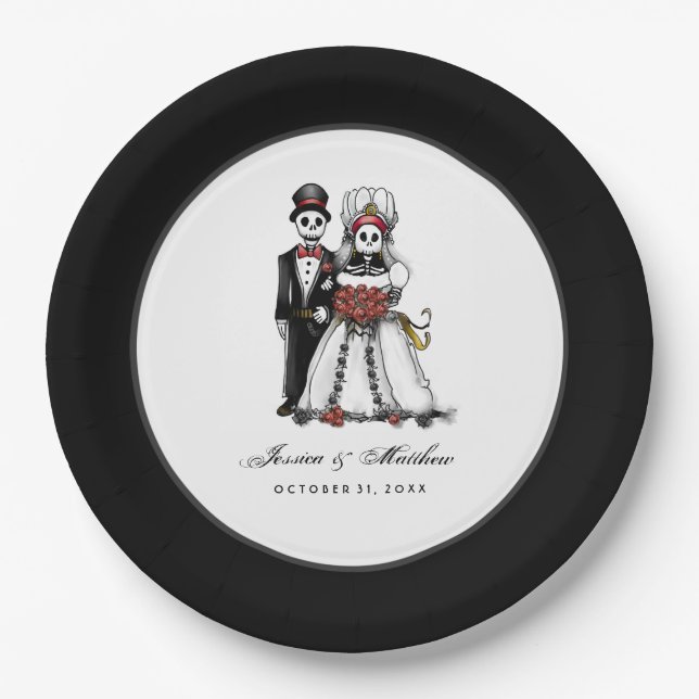 Halloween Black & White Red Skeletons Matching Paper Plate (Front)