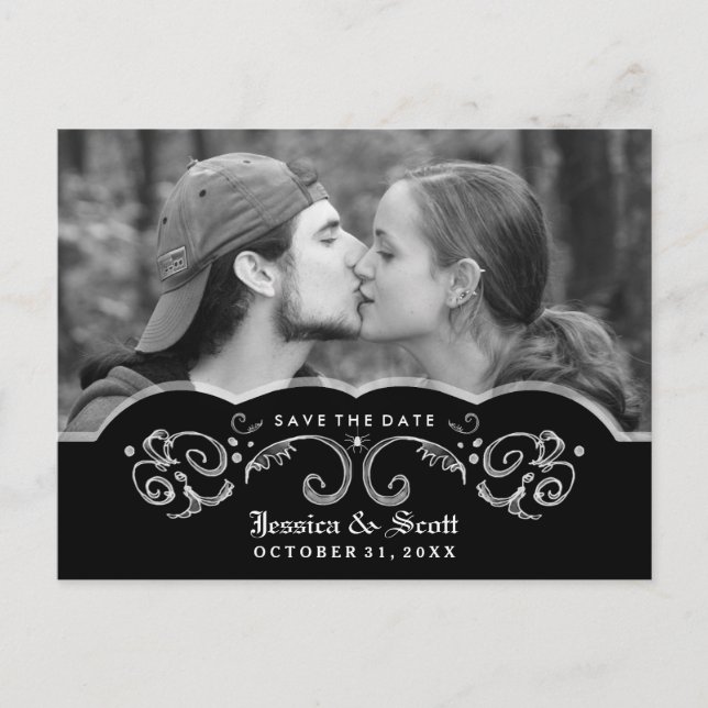 Halloween Black White Scroll Photo Save the Date Announcement Postcard (Front)