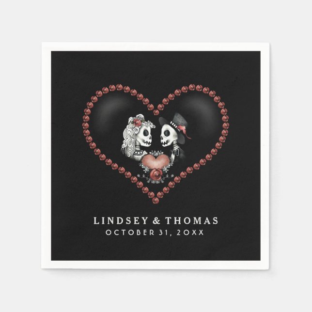 Halloween Black & White Skeletons & Heart Wedding Napkin (Front)