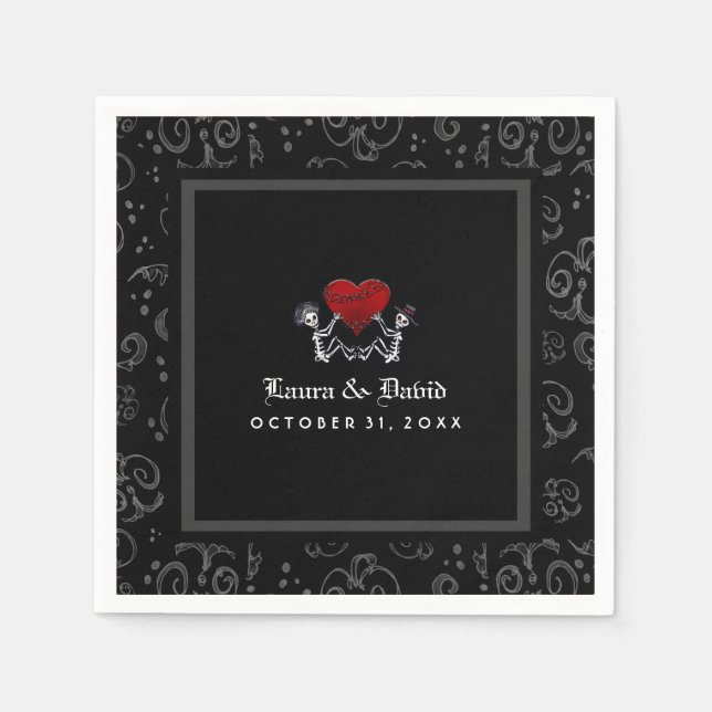 Halloween Black & White Skeletons & Heart Wedding Napkin (Front)