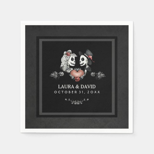 Halloween Black & White Skeletons & Heart Wedding Napkin (Front)