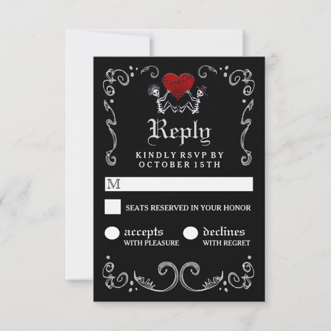 Halloween Black White Skeletons with Heart RSVP Card (Front)