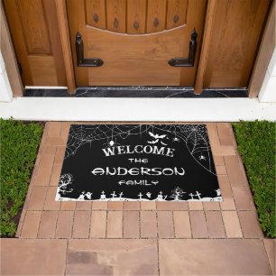 Halloween Black & White Web Spider Web Ghost Name Doormat