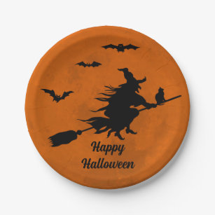 Halloween Black Wicked Witch Flying Orange Moon Paper Plate