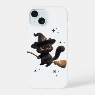 Halloween Black Witch Cats Riding Broomstick Stars iPhone 15 Case