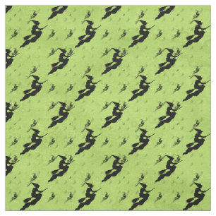 Halloween Black Witch Silhouette Pattern Green Fabric