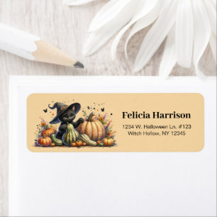 Halloween Black Witch's Kitten W/ Pumpkins Gourds