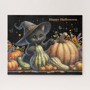 Halloween Black Witch's Kitten W/ Pumpkins Gourds Jigsaw Puzzle