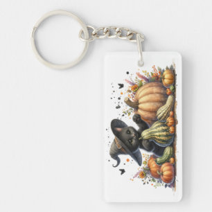 Halloween Black Witch's Kitten W/ Pumpkins Gourds Keychain
