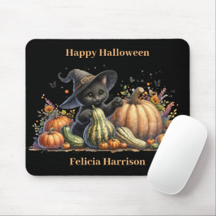 Halloween Black Witch's Kitten W/ Pumpkins Gourds Mouse Pad