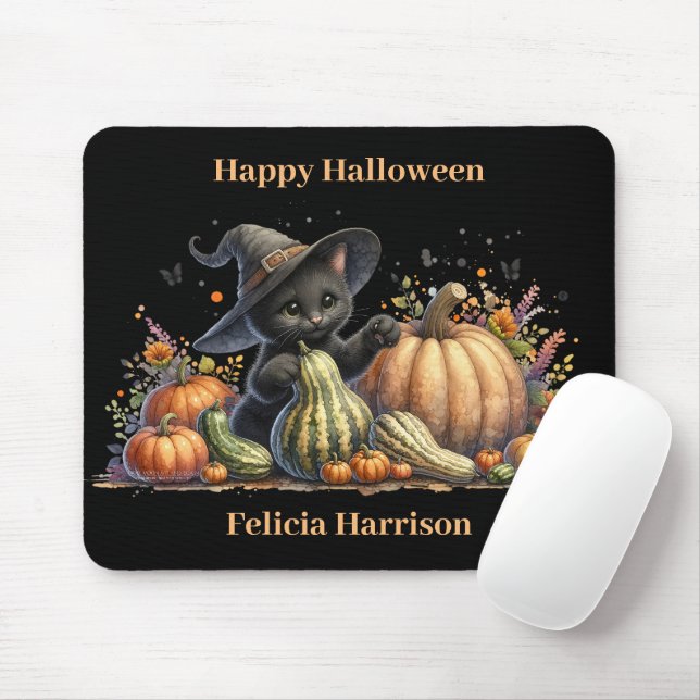 Halloween Black Witch's Kitten W/ Pumpkins Gourds Mouse Pad (With Mouse)