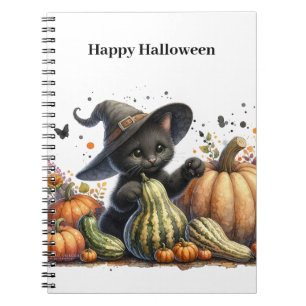 Halloween Black Witch's Kitten W/ Pumpkins Gourds Notebook