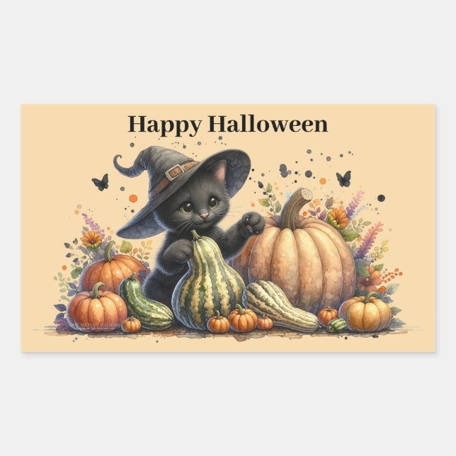 Halloween Black Witch's Kitten W/ Pumpkins Gourds Sticker (Front)