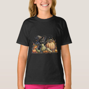 Halloween Black Witch's Kitten W/ Pumpkins Gourds T-Shirt