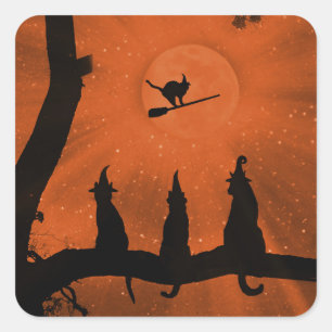 Halloween Black Witchy Cats and Moon Square Sticker