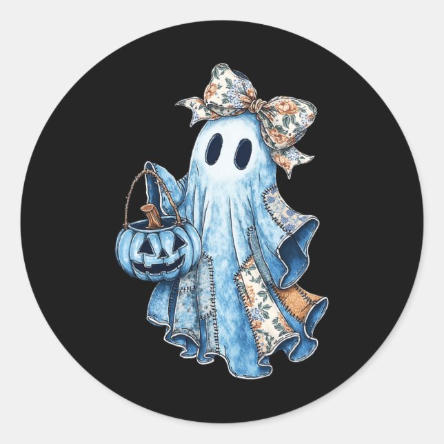 Halloween Blue Denim Boo Ghost Floral Coquette Fal Classic Round Sticker (Front)
