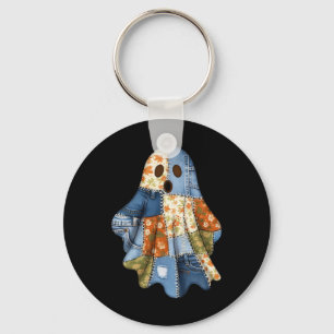 Halloween Blue Denim Boo Ghost Floral Coquette Fal Keychain