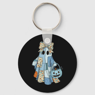 Halloween Blue Denim Boo Ghost Floral Coquette Fal Keychain