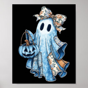 Halloween Blue Denim Boo Ghost Floral Coquette Fal Poster