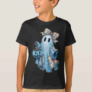 Halloween Blue Denim Boo Ghost Floral Coquette Fal T-Shirt