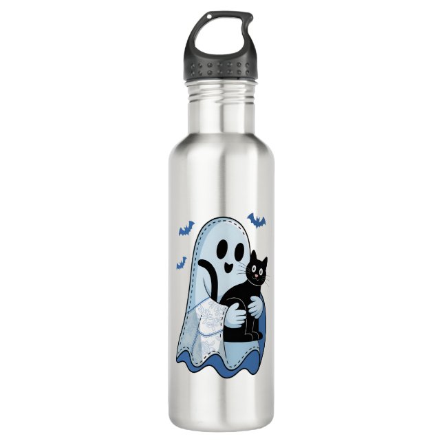 Halloween Blue Denim Ghost and Cat 710 Ml Water Bottle (Front)