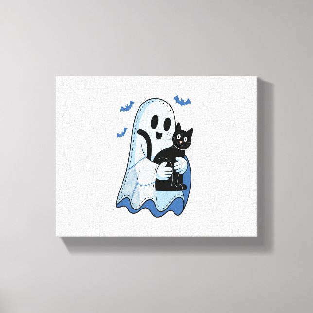 Halloween Blue Denim Ghost and Cat Canvas Print (Front)
