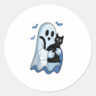 Halloween Blue Denim Ghost and Cat Classic Round Sticker