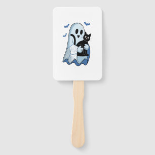 Halloween Blue Denim Ghost and Cat Hand Fan