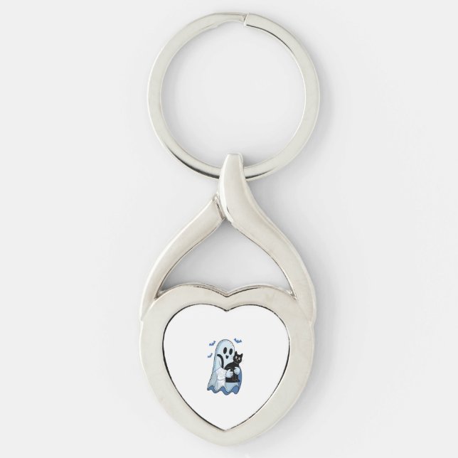 Halloween Blue Denim Ghost and Cat Keychain (Front)