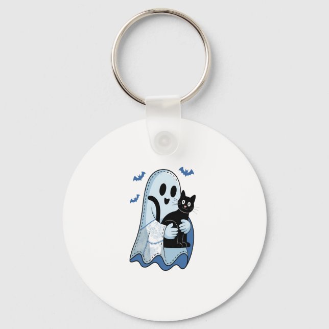 Halloween Blue Denim Ghost and Cat Keychain (Front)