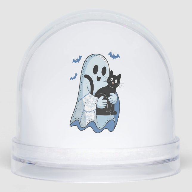 Halloween Blue Denim Ghost and Cat Snowglobe (Front)