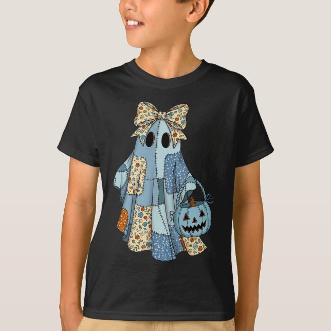 Halloween Blue Denim Ghost Trendy Denim Patchwork  T-Shirt (Front)