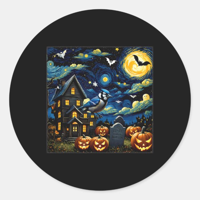 Halloween Blue Jay Starry Night  Classic Round Sticker (Front)