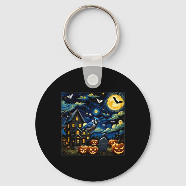 Halloween Blue Jay Starry Night  Keychain (Front)