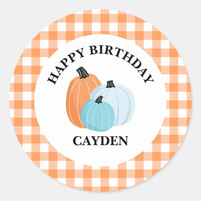 Halloween blue Pumpkins Orange Plaid Birthday Classic Round Sticker ...