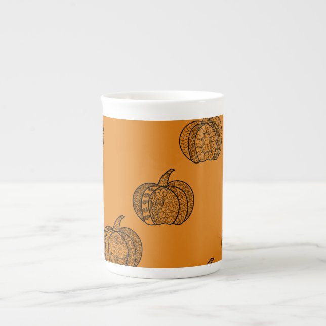 Halloween boho Zentangle ® inspired pumpkin Autumn Bone China Mug (Front)