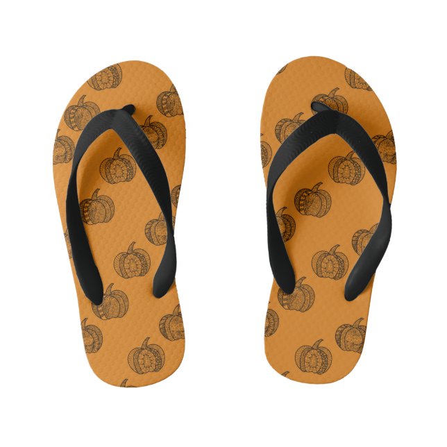 Halloween boho Zentangle ® inspired pumpkin Autumn Kid's Flip Flops (Footbed)