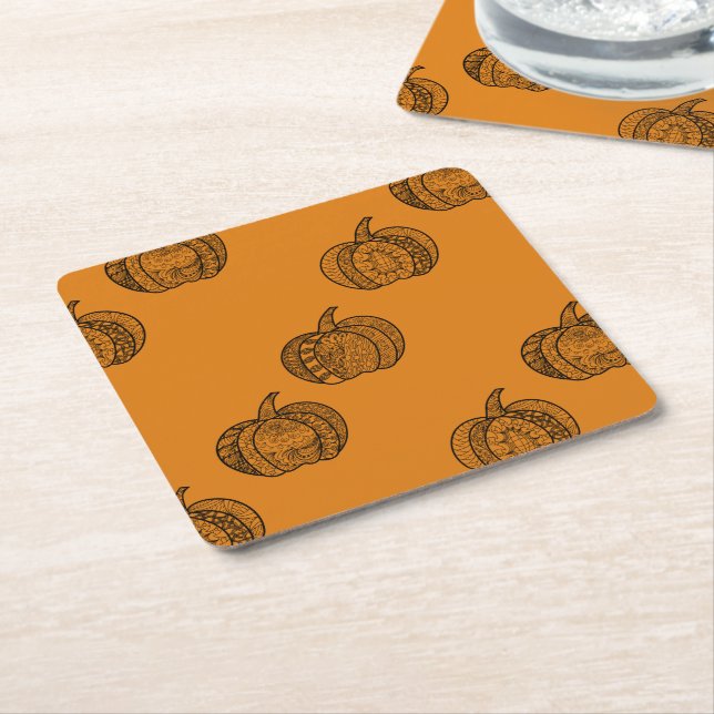Halloween boho Zentangle ® inspired pumpkin Autumn Square Paper Coaster (Angled)