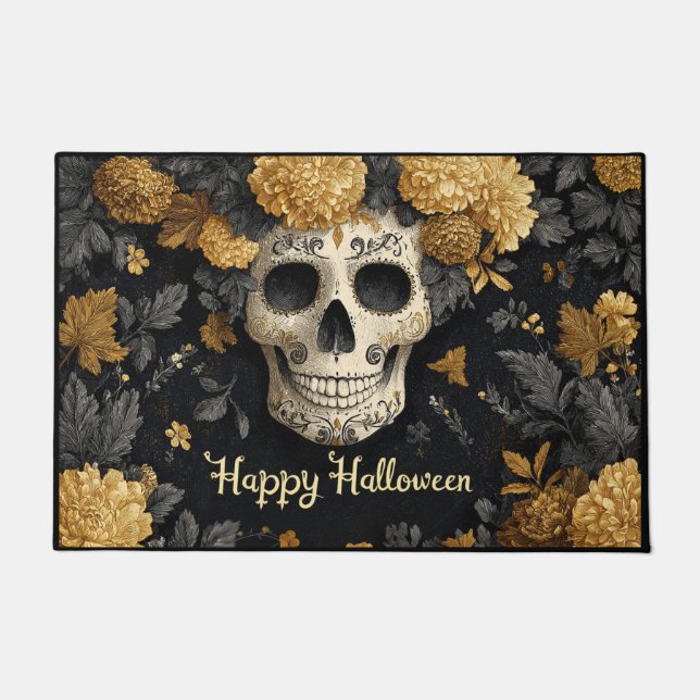 Halloween Bone White Skull with Golden Marigolds Doormat (Front)