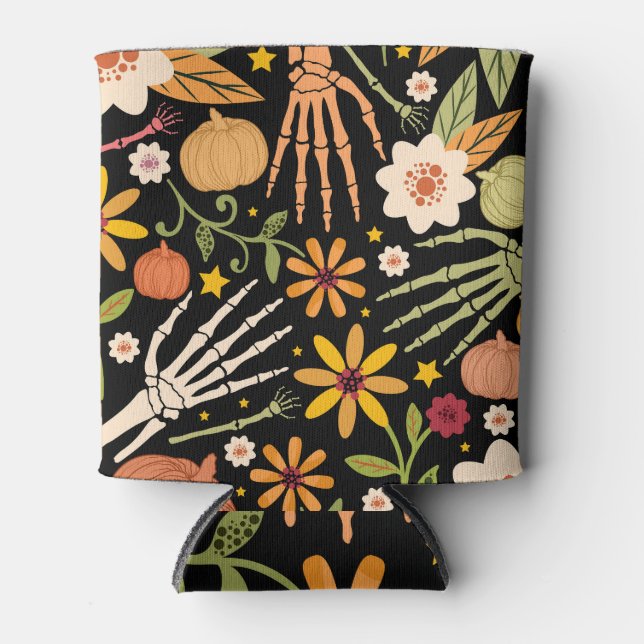 Halloween bones, floral seamless pattern. can cooler (Front)